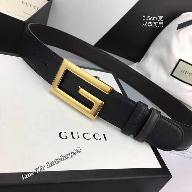 Gucci經典皮帶 古奇雙面小牛皮搭方形旋轉G帶扣腰帶  jjp2447